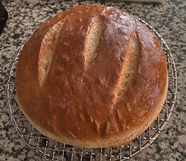 A golden round loaf of homemade French bread cooling on a wire rack