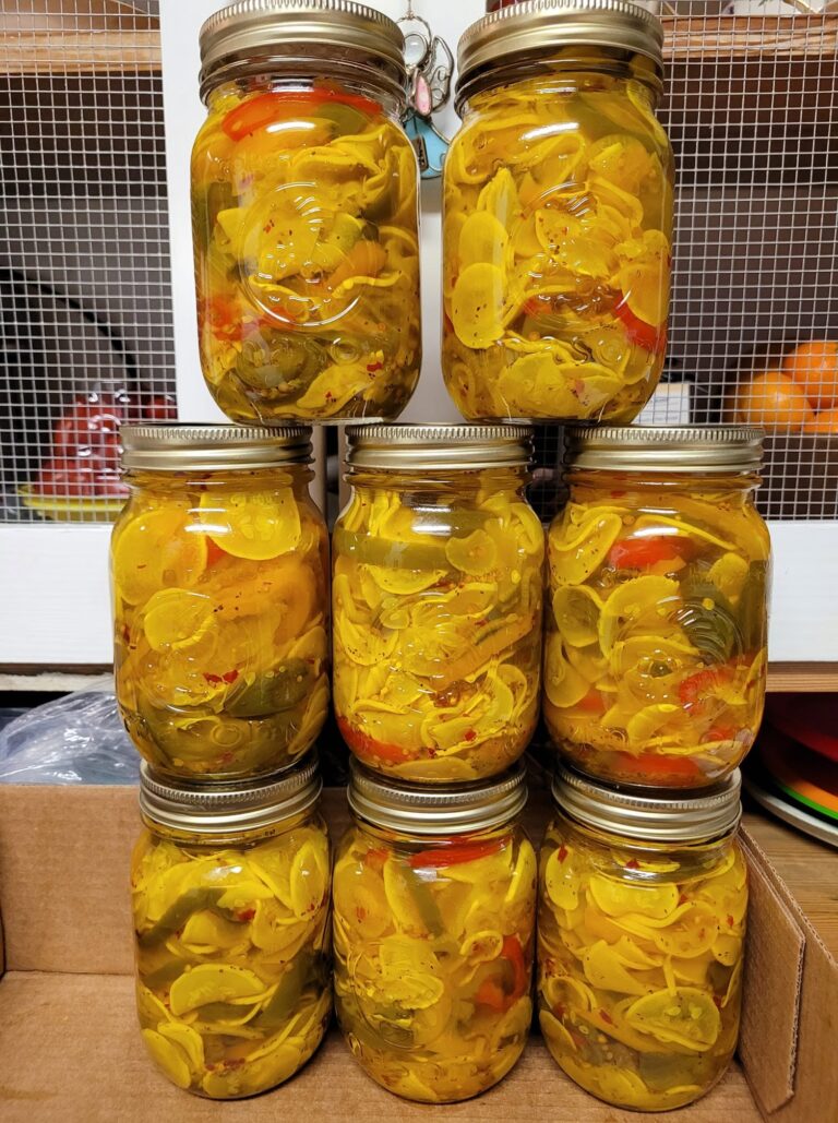 A stack of glass jars filled with vibrant, golden-yellow homemade squash pickles packed with sliced onions and red and green bell peppers.