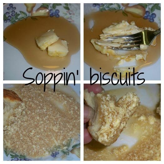 A four-panel collage showing the step-by-step process of mashing pats of butter into a pool of syrup on a floral plate, ending with a piece of biscuit dipped into the sweet mixture.