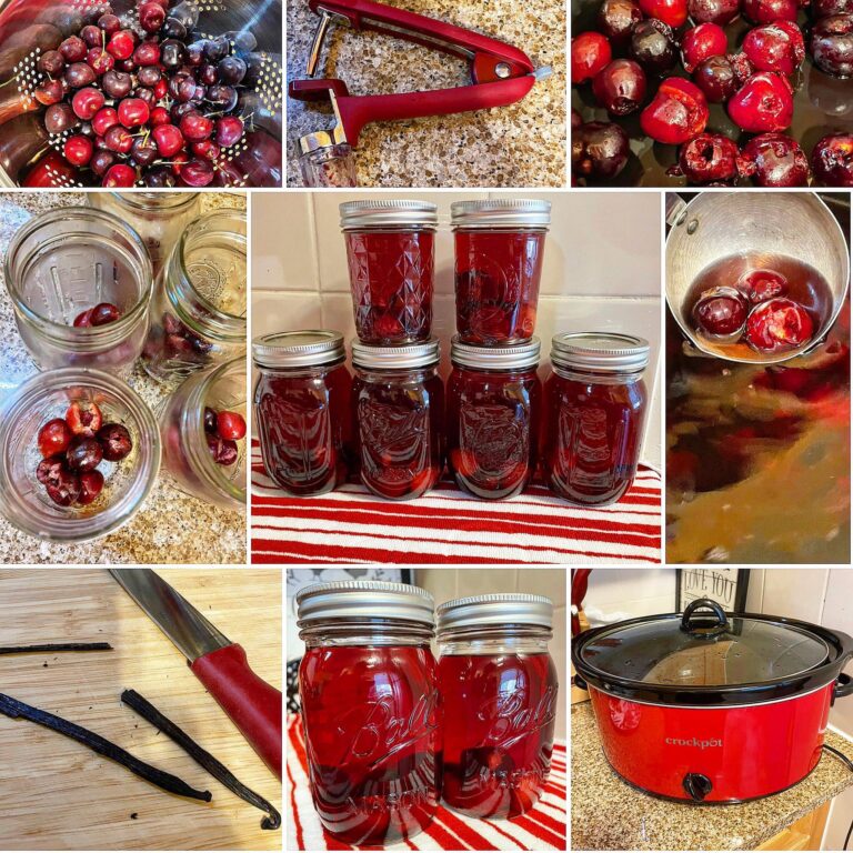 A multi-panel photo showing the process of making homemade cherry moonshine, featuring a colander of fresh cherries, pitted cherries, split vanilla bean pods, a red Crockpot, and filled mason jars.