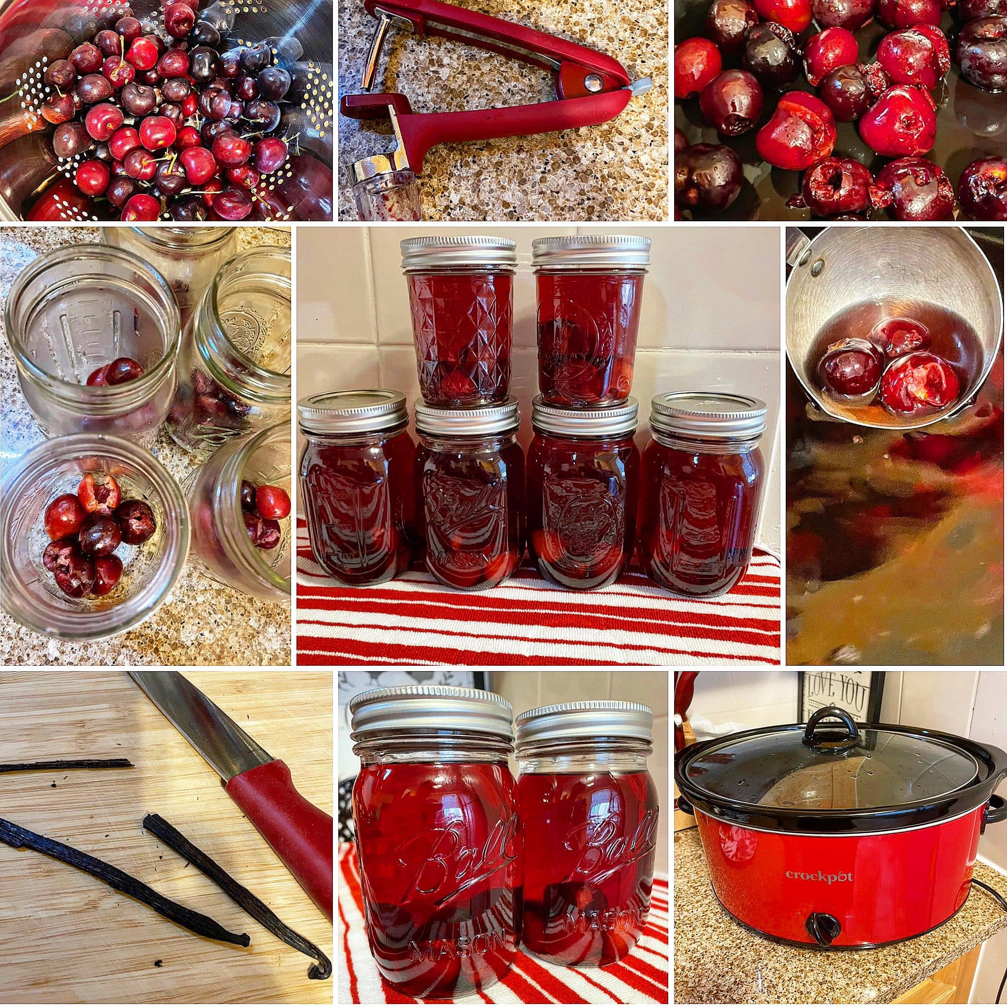 A multi-panel photo showing the process of making homemade cherry moonshine, featuring a colander of fresh cherries, pitted cherries, split vanilla bean pods, a red Crockpot, and filled mason jars.