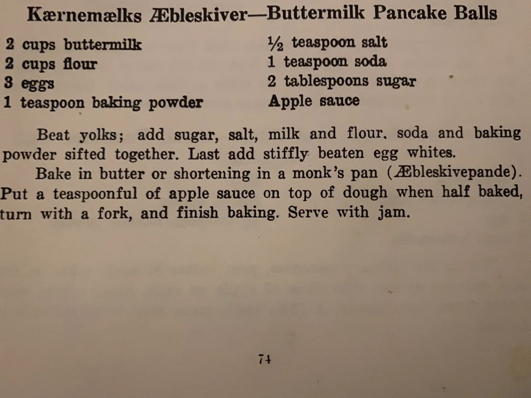 A page from a vintage cookbook titled "From Danish Kitchens" showing the printed recipe for Kærnemælks Æbleskiver (Buttermilk Pancake Balls).