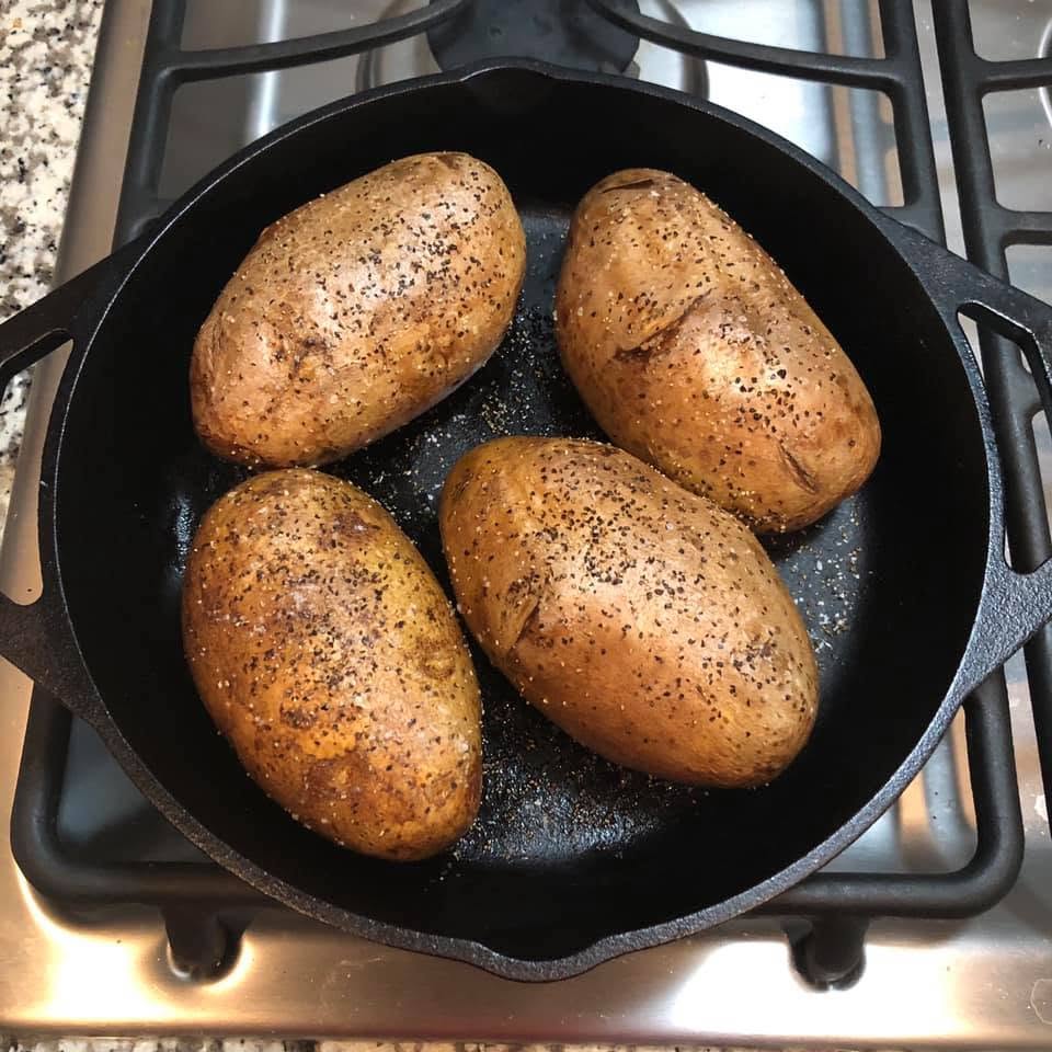 baked botato on cast iron