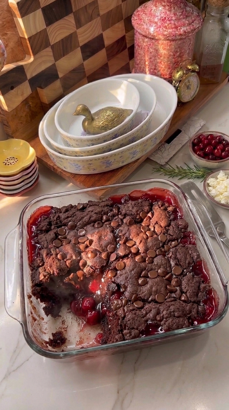 Black Forest dump cake with chocolate topping and gooey cherry filling in a baking dish
