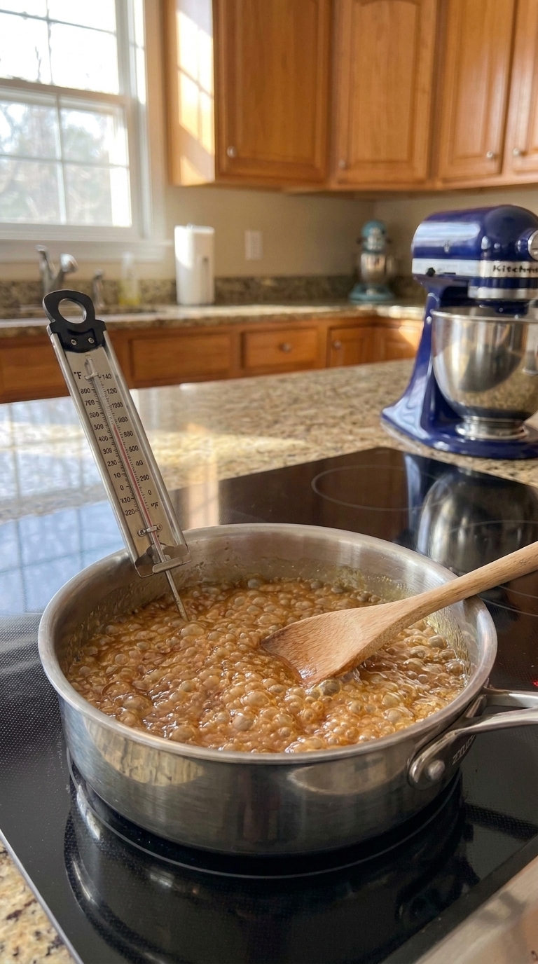 Golden-brown praline candy bubbling in a saucepan with a candy thermometer measuring the temperature.