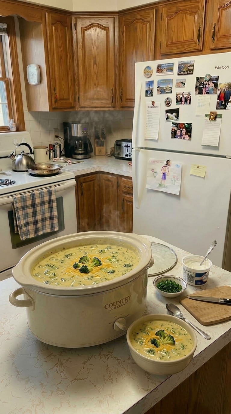 crockpot broccoli cheese soup with tender broccoli florets and melted cheddar cheese.