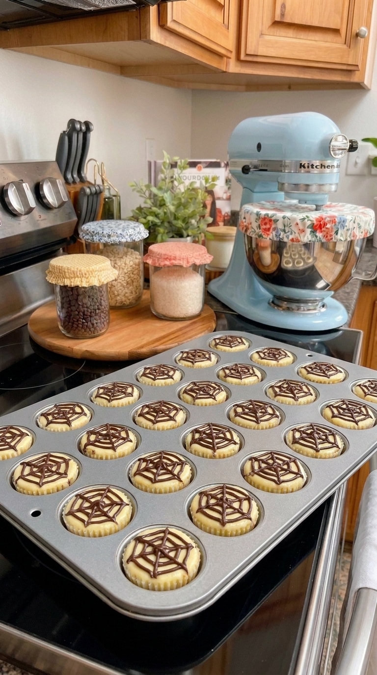 Mini spiderweb cheesecake bites in a metal muffin pan with chocolate spiderweb designs, displayed in a cozy kitchen beside a light blue stand mixer.