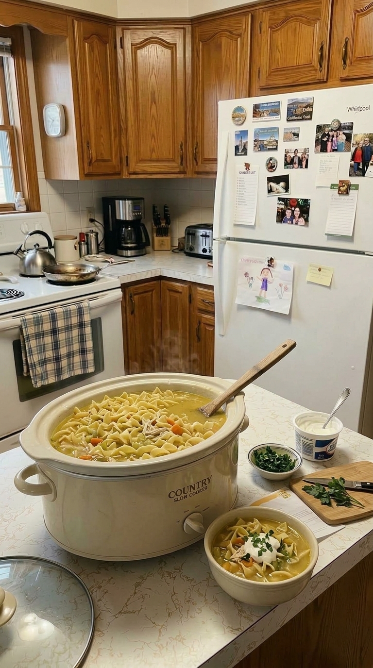 Homemade chicken noodle soup with wide egg noodles, shredded chicken, and carrots in a white slow cooker in a cozy American kitchen.