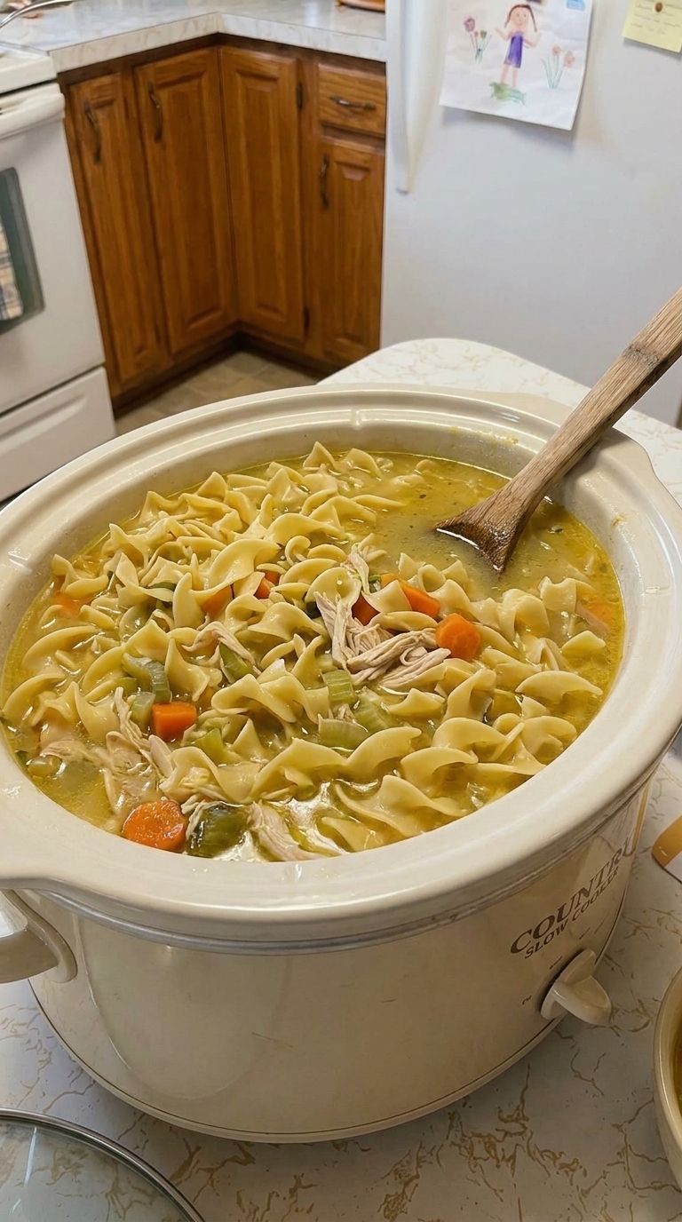 Tender shredded chicken, carrots, and celery cooking in golden broth inside a white slow cooker.