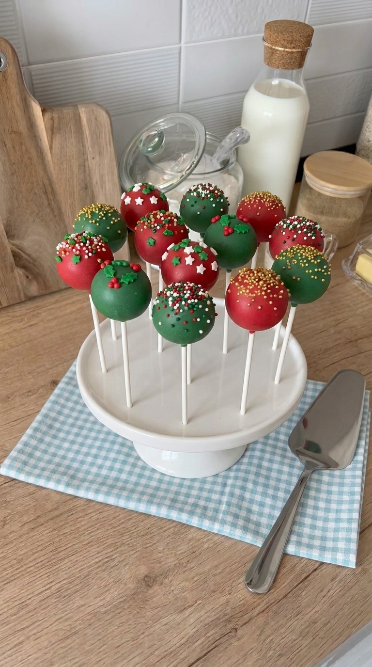 Red and green Christmas cake pops decorated with festive sprinkles, gold sugar pearls, and edible holly on a white cake pop stand.