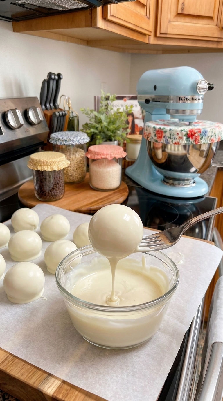 Homemade Little Debbie Christmas Tree Cake Balls dipped in melted white candy coating before decorating with red drizzle and green sprinkles.