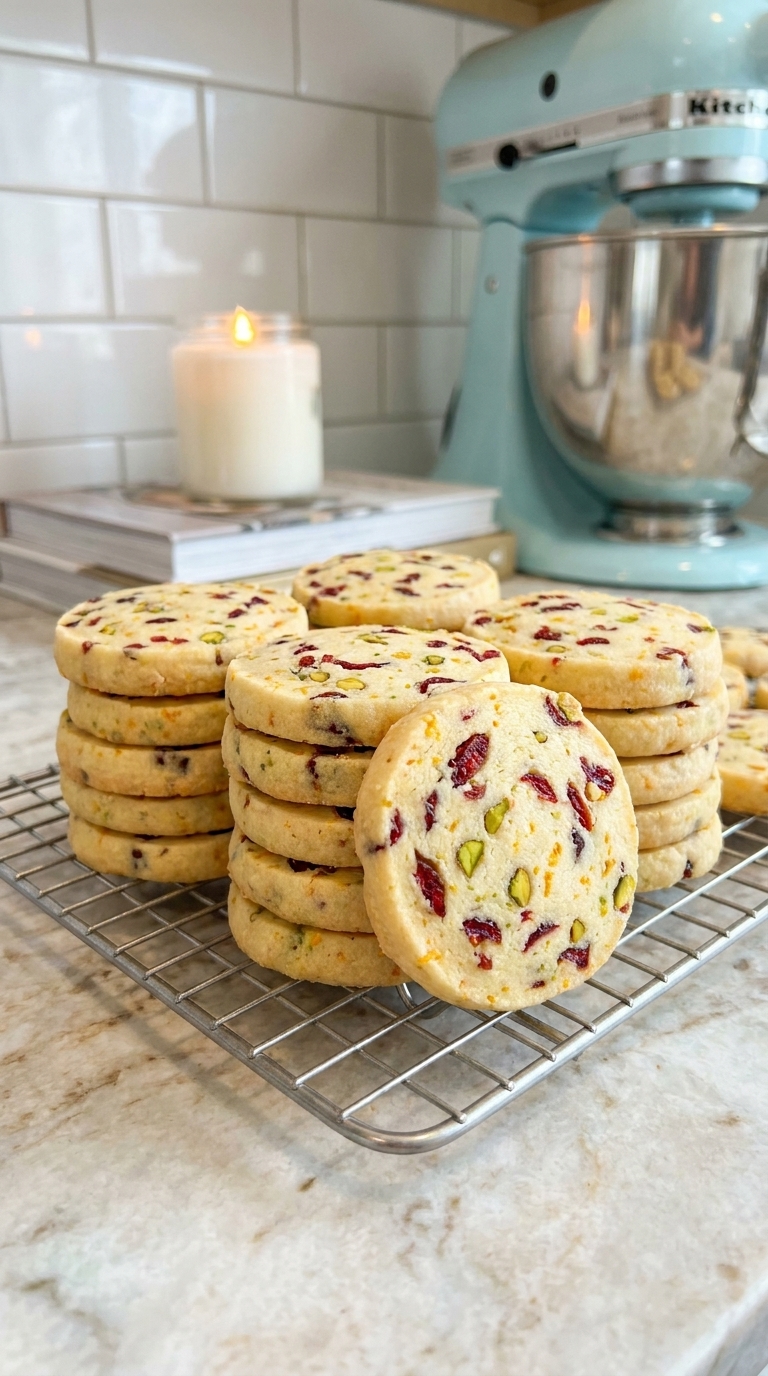 Round cranberry orange pistachio shortbread cookies with red dried cranberries and green pistachio pieces arranged on a holiday cookie tray.