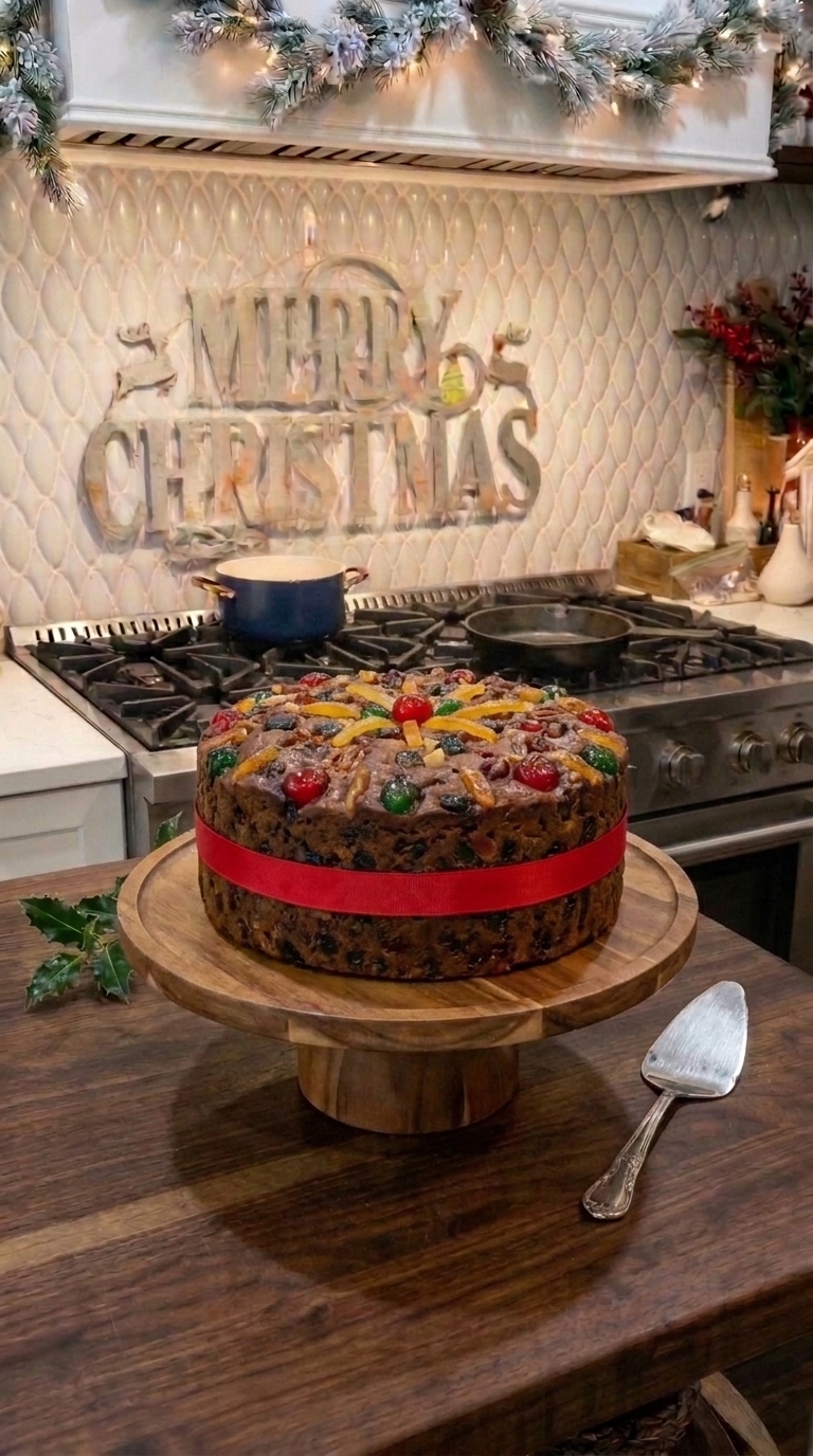 Traditional Christmas fruit cake decorated with colorful candied cherries and nuts, wrapped with a red ribbon on a wooden cake stand in a festive Christmas kitchen.