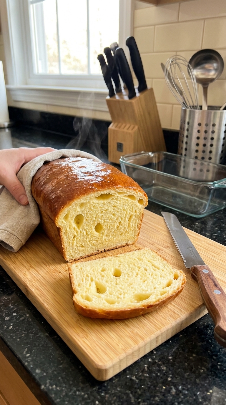 Freshly baked homemade no-knead bread with golden crust and soft fluffy slices on a wooden cutting board