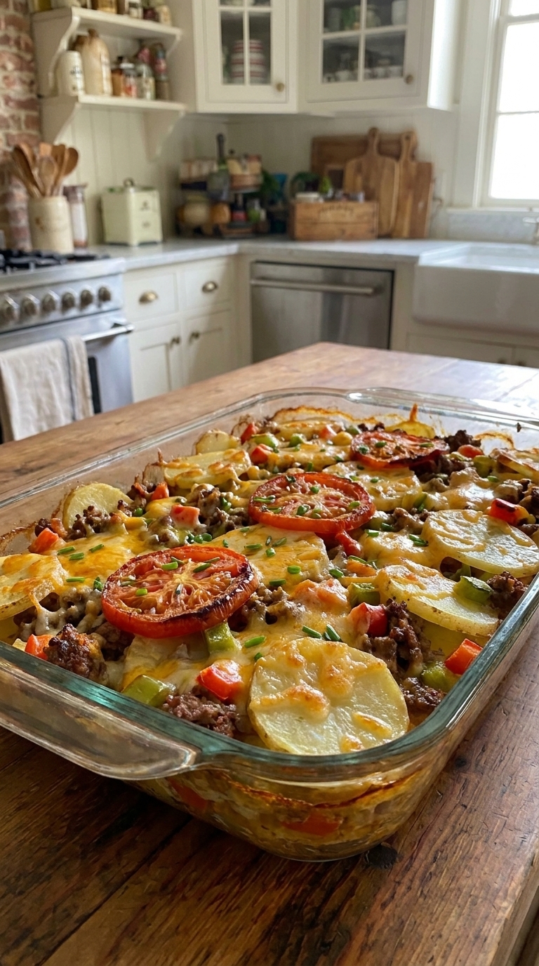 Cheesy ground beef and potato casserole with golden melted cheese and sliced potatoes in a glass baking dish