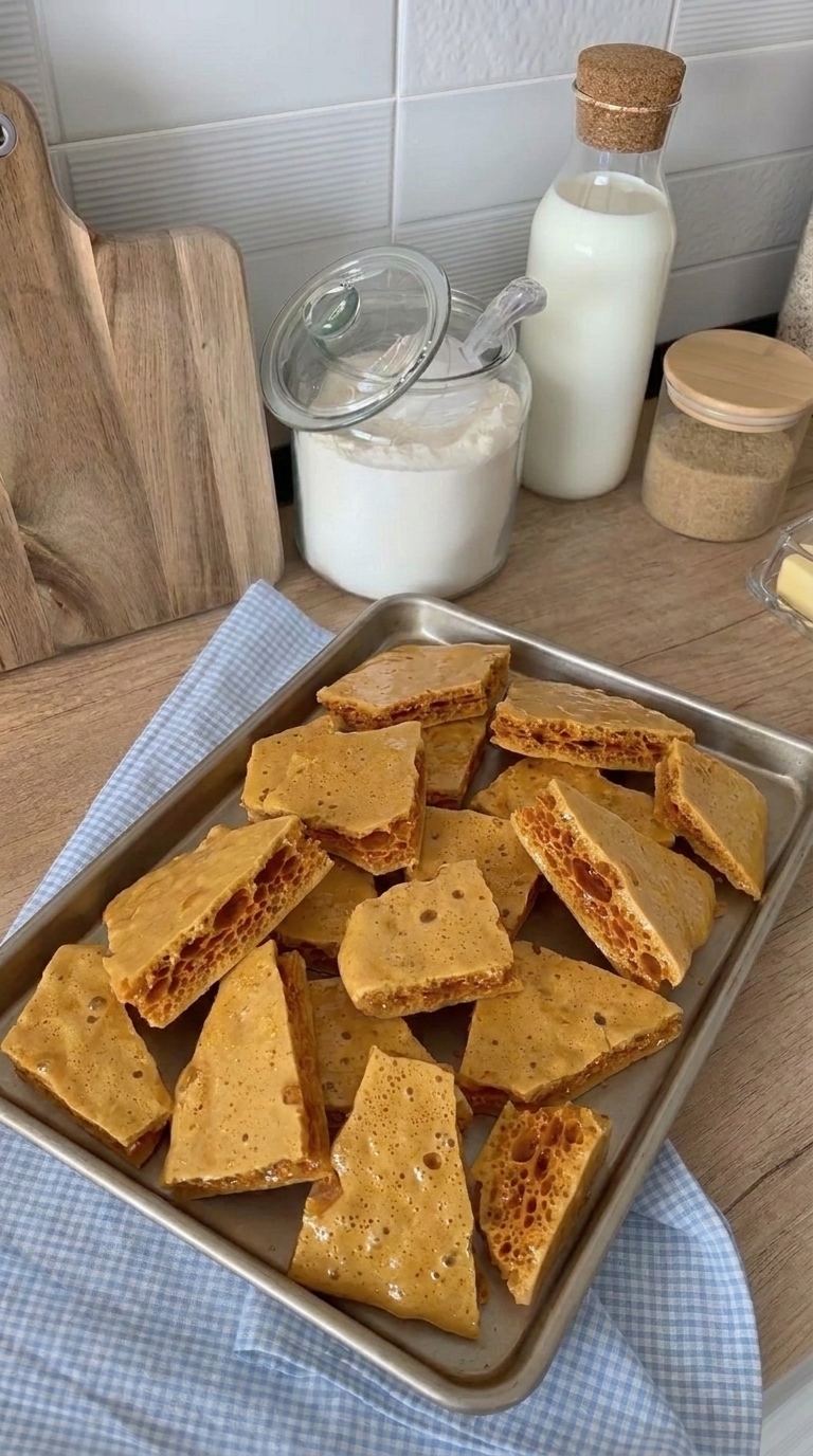 Homemade honeycomb candy broken into golden crunchy pieces with airy centers on a metal baking tray
