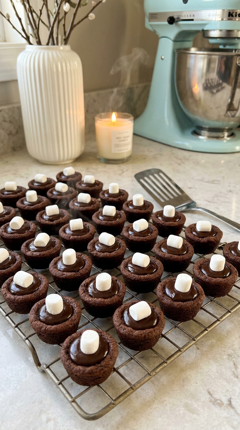 Mini hot chocolate cookie cups filled with glossy chocolate ganache and topped with mini marshmallows on a festive Christmas dessert tray.