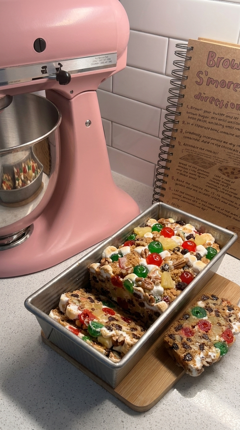 Old-fashioned no-bake icebox fruitcake in a loaf pan with colorful candied cherries, pecans, and marshmallows