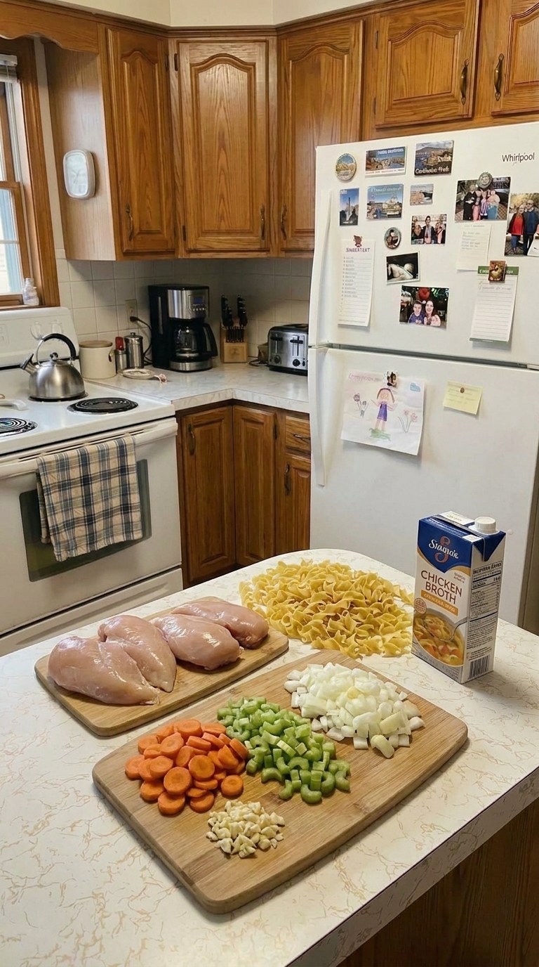 Ingredients for slow cooker chicken noodle soup, including chicken breasts, carrots, celery, egg noodles, and broth.