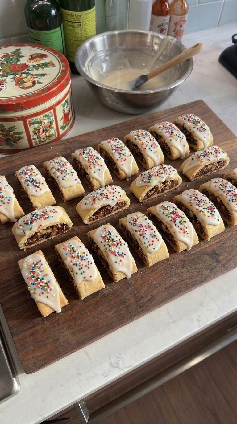 Traditional Italian fig cookies (Cuccidati) filled with figs and nuts, topped with white icing and colorful Christmas sprinkles.