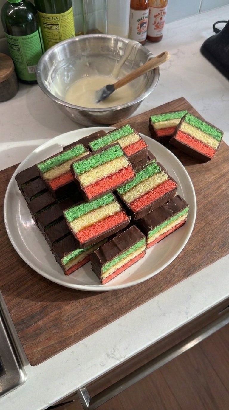 Traditional Italian rainbow cookies with green, white, and red almond cake layers, raspberry jam, and chocolate coating.