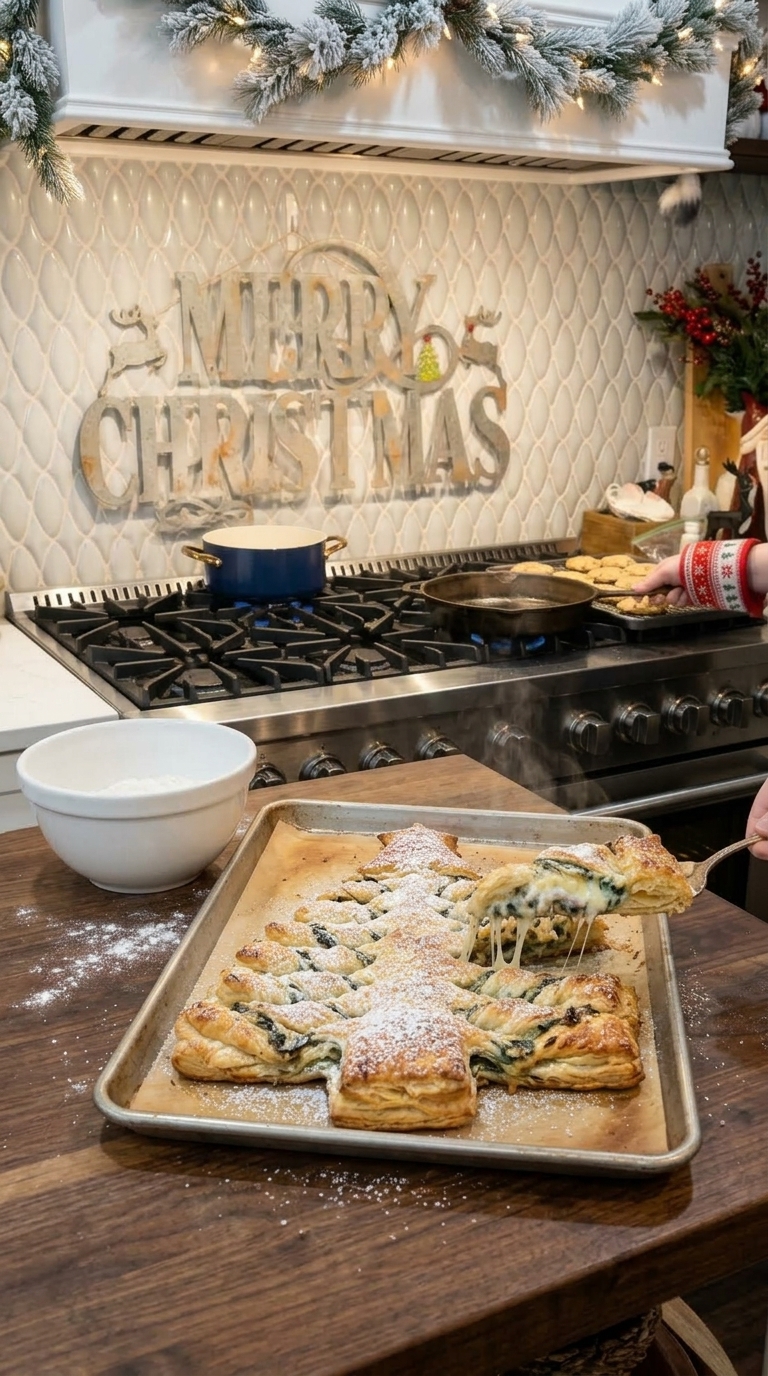 Golden puff pastry Christmas tree with pesto filling, twisted branches, and a light dusting of powdered sugar