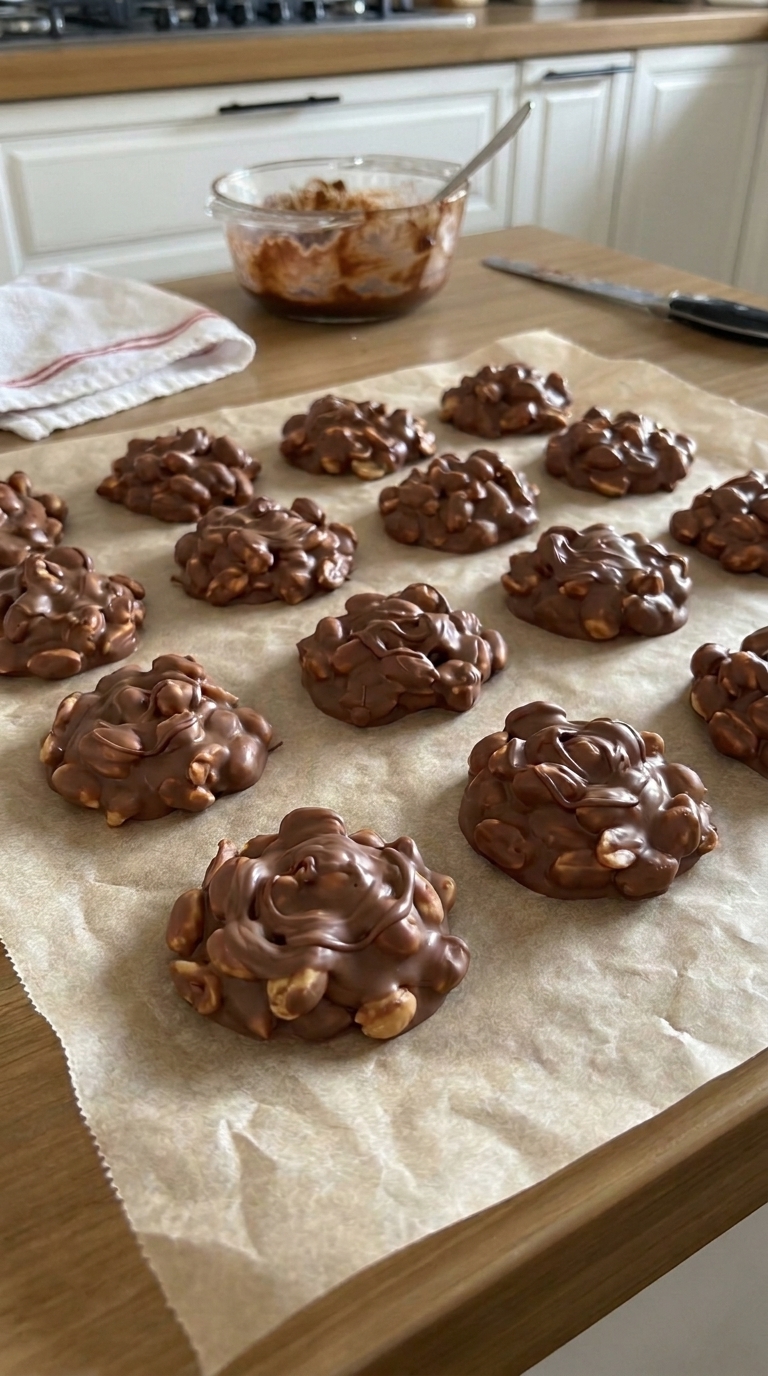 Old-fashioned Crock Pot candy chocolate peanut clusters cooling on parchment paper in a farmhouse kitchen.