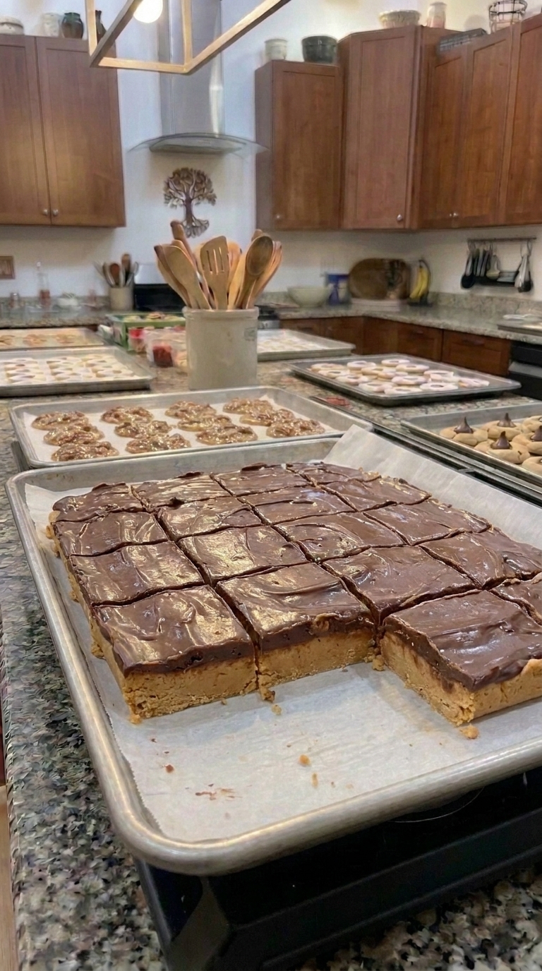 No-bake Buckeye bars cut into squares with creamy peanut butter filling and chocolate topping.
