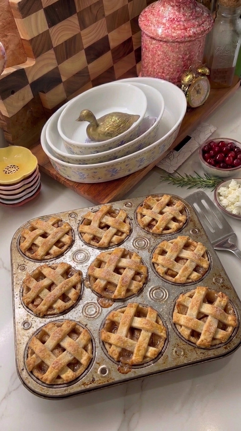 Homemade mini apple pies with golden lattice crusts baked in a metal muffin tin on a cozy kitchen countertop.