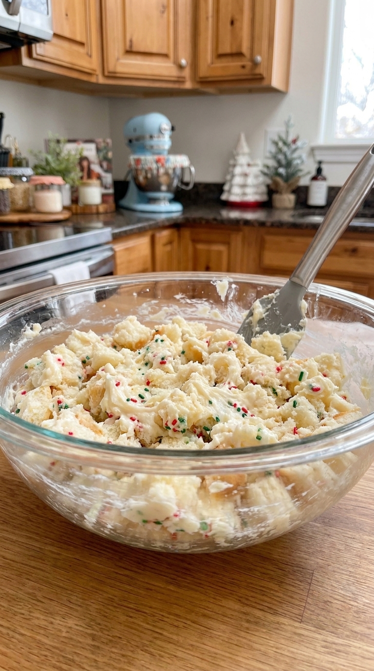 Crumbled Little Debbie Christmas Tree Cakes mixed with cream cheese in a glass bowl for homemade no-bake cake balls.