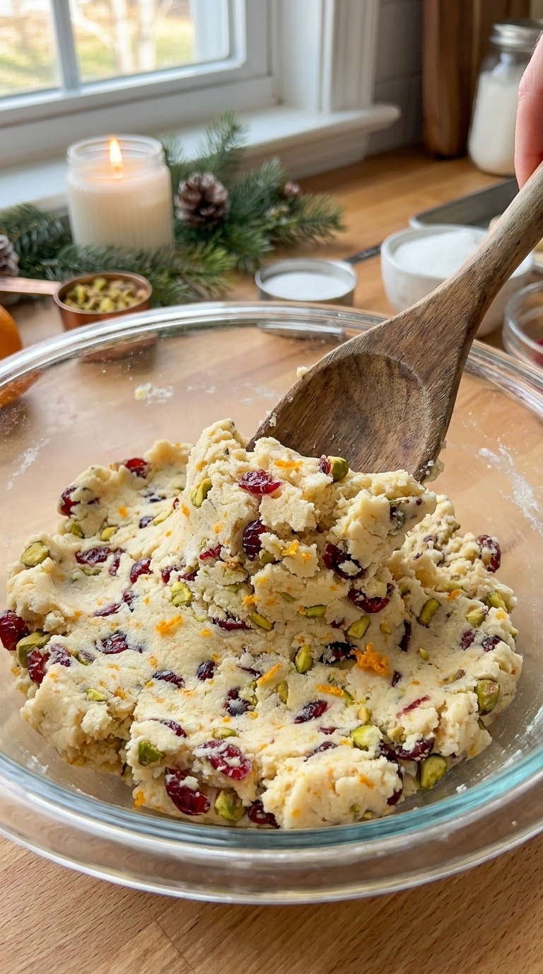 Mixing dried cranberries and chopped pistachios into buttery orange shortbread cookie dough.