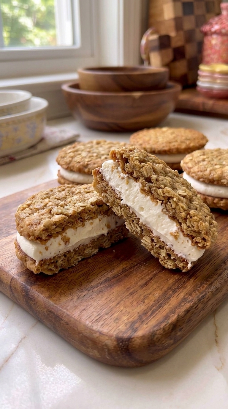 Homemade oatmeal cream pie cut in half showing soft oatmeal cookies and thick fluffy marshmallow filling.