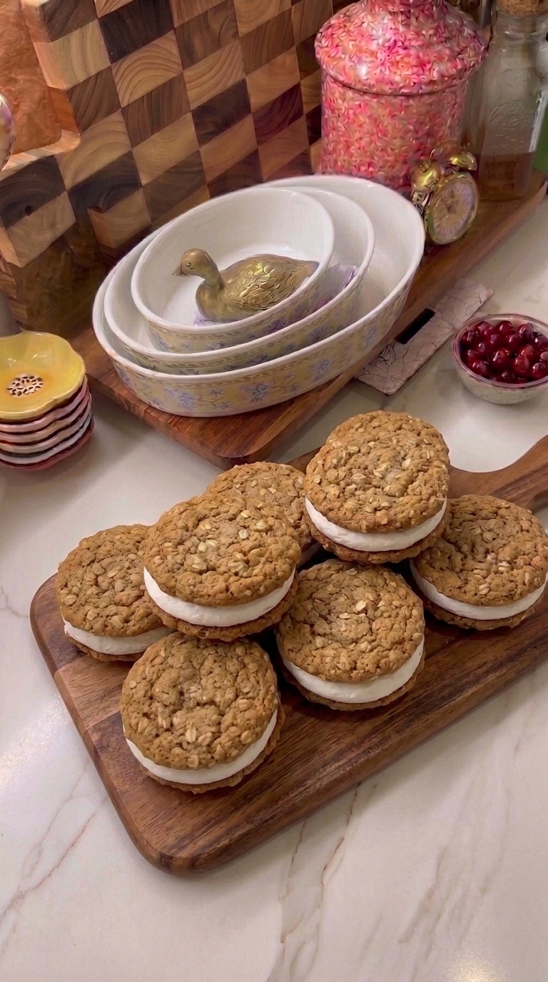Homemade oatmeal cream pies with soft oatmeal cookies and thick marshmallow filling arranged on a wooden cutting board