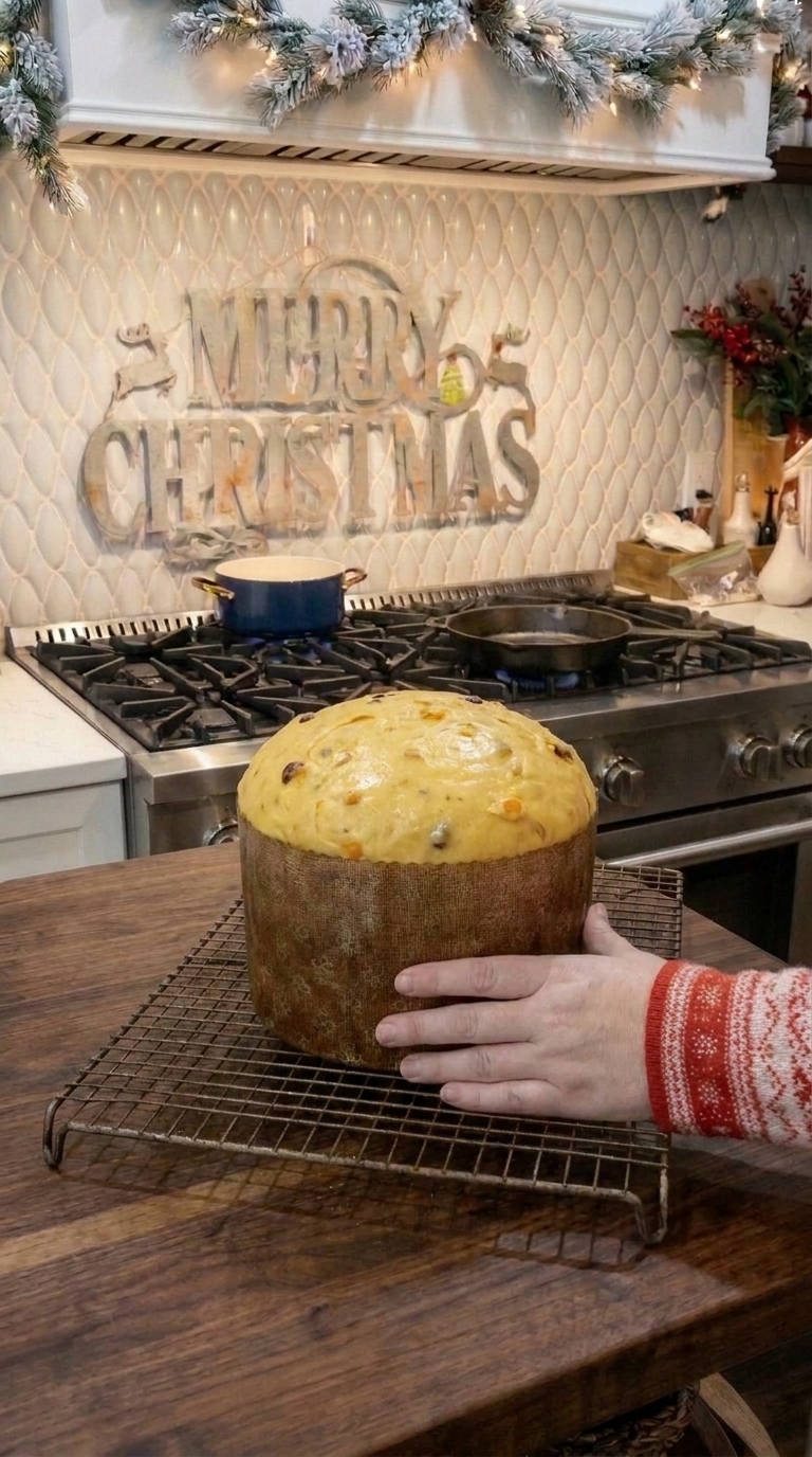 Panettone dough beautifully risen to the very top edge of a classic brown paper baking mold, ready for the oven.