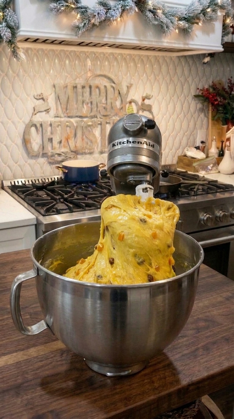 A stand mixer fitted with a dough hook mixing a rich, yellow, citrus-flecked Panettone dough in a stainless steel bowl.