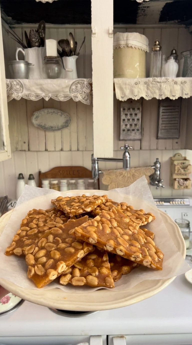 Homemade golden peanut brittle with roasted peanuts broken into crunchy pieces on a vintage Christmas plate
