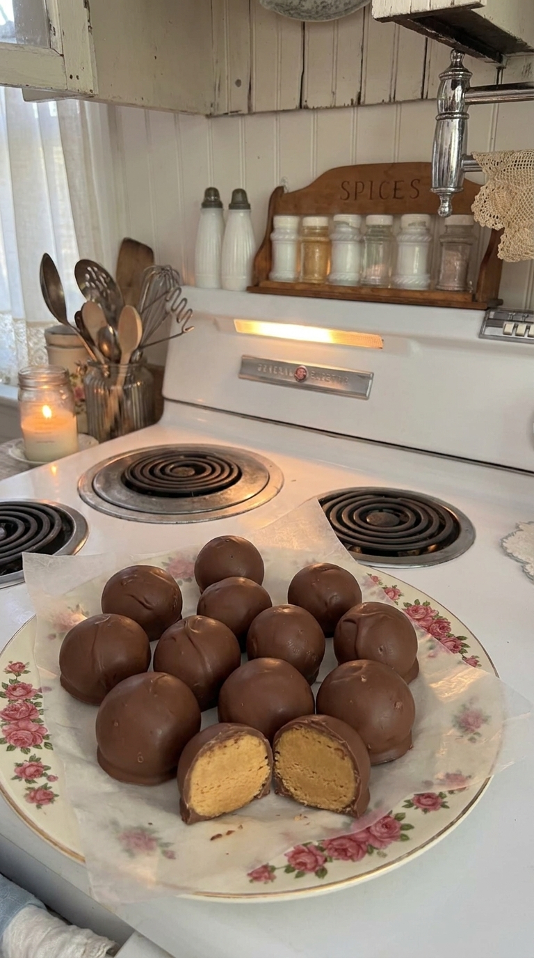 Homemade chocolate-covered peanut butter balls arranged on a vintage floral plate
