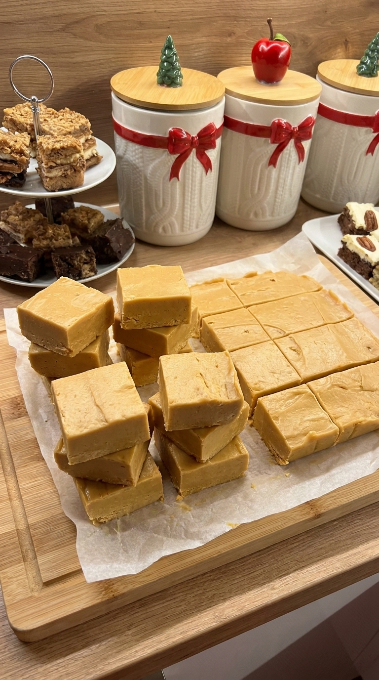 Thick squares of homemade 3-ingredient peanut butter fudge stacked on a wooden serving board, showing a smooth and creamy golden texture.