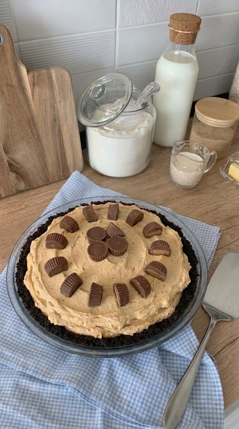 Creamy no-bake peanut butter pie slice with Oreo cookie crust and chocolate peanut butter cups.