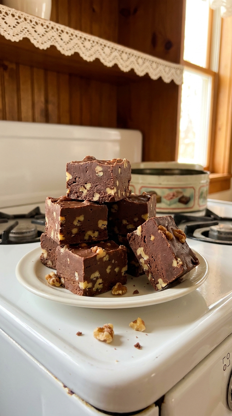 Squares of rich homemade fantasy fudge with chopped walnuts arranged on a vintage Christmas candy plate.