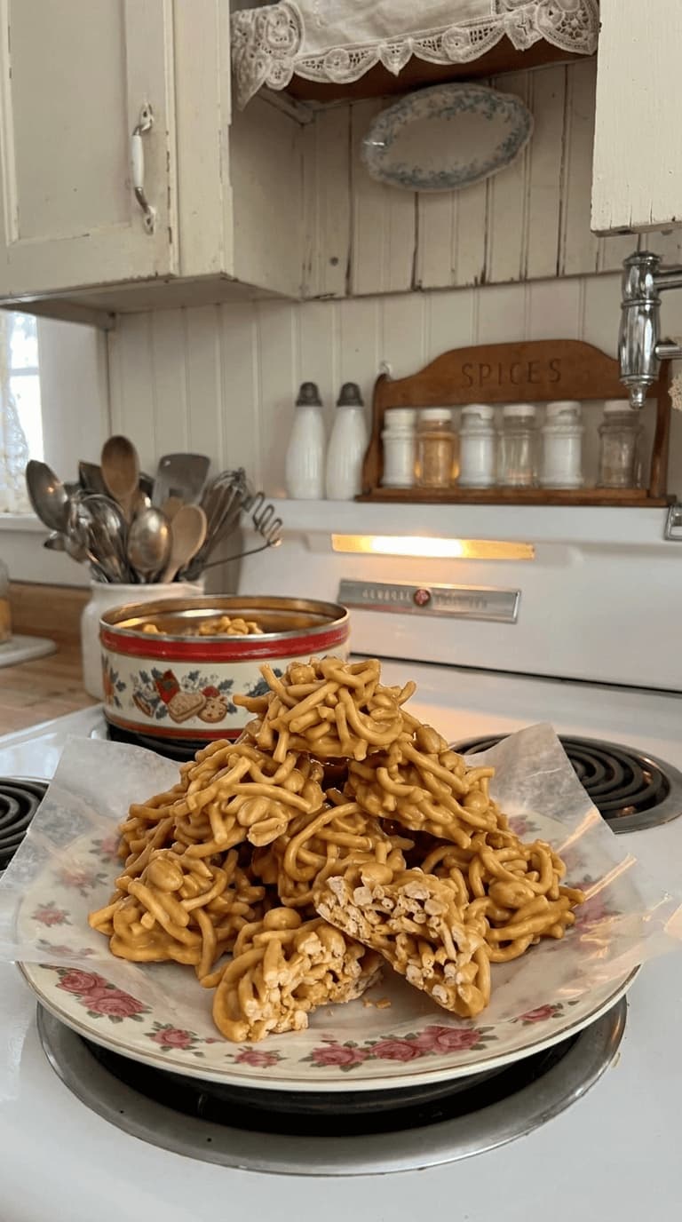 Golden butterscotch haystack cookies made with crunchy chow mein noodles and salted peanuts arranged on wax paper in a cozy Christmas kitchen.