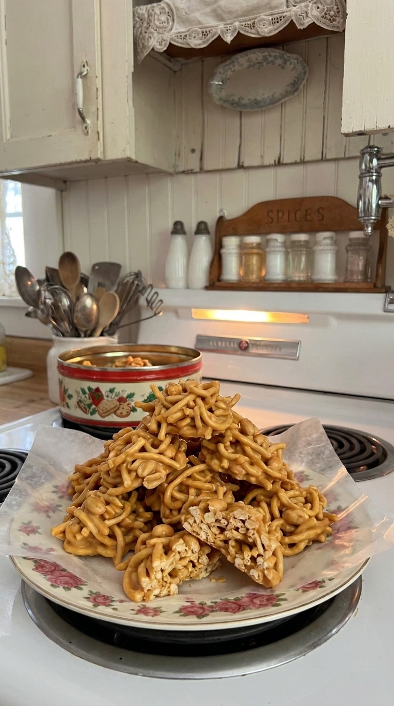 Golden butterscotch haystack cookies made with crunchy chow mein noodles and salted peanuts arranged on wax paper in a cozy Christmas kitchen.
