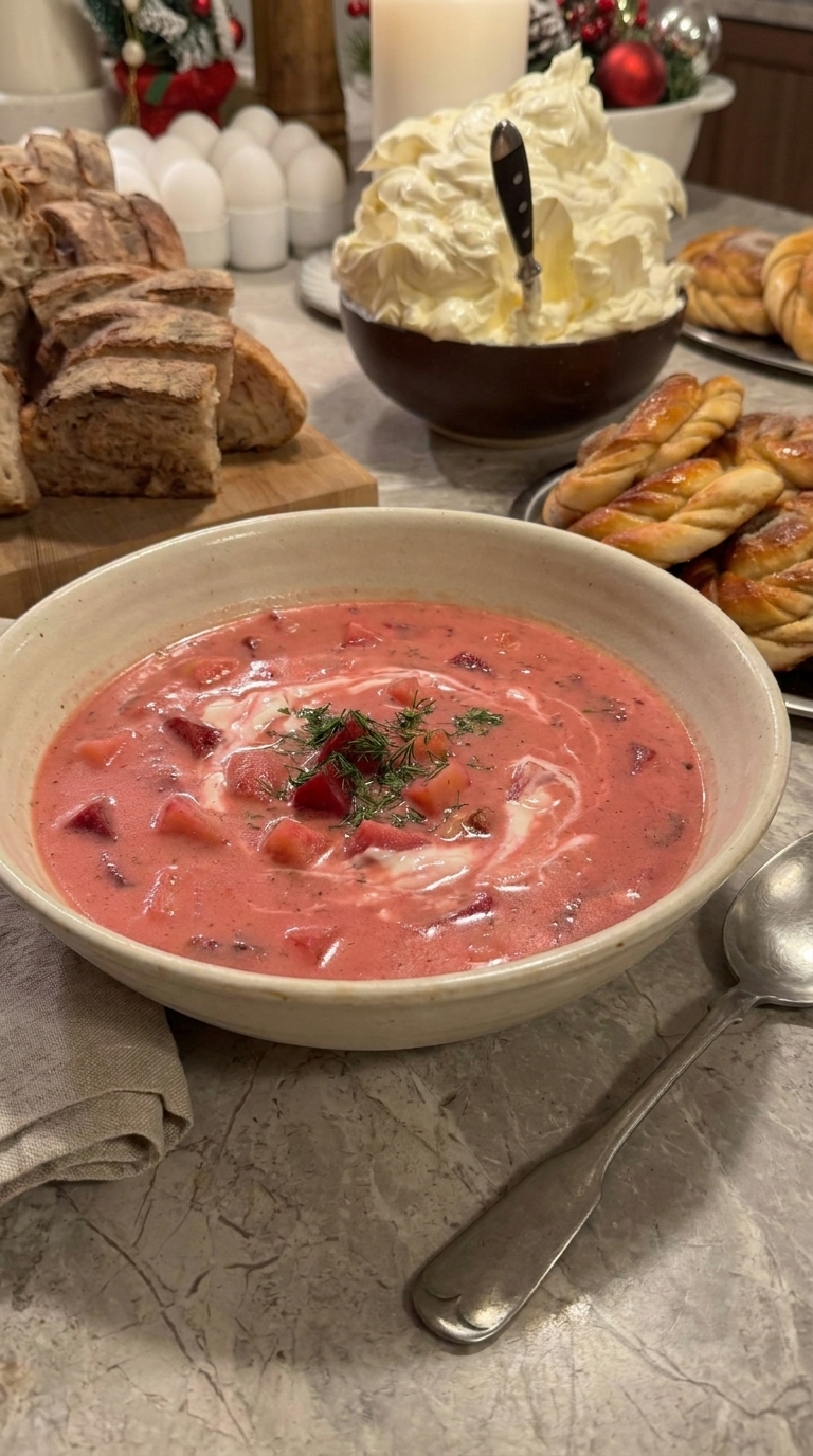 Creamy Polish Zupa Buraczkowa beet soup with potatoes, fresh dill, and sour cream served in a rustic bowl.