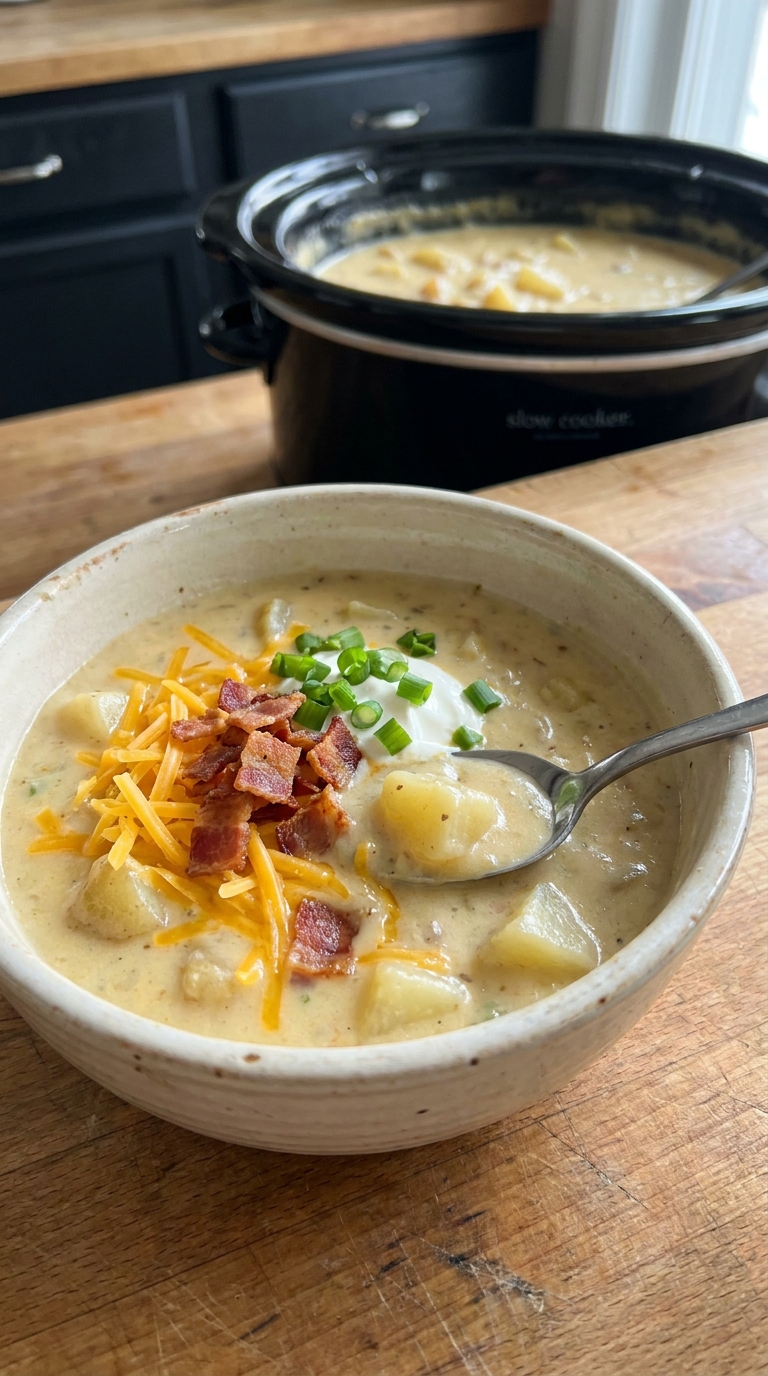 Creamy slow cooker loaded baked potato soup topped with cheddar cheese, crispy bacon, and green onions