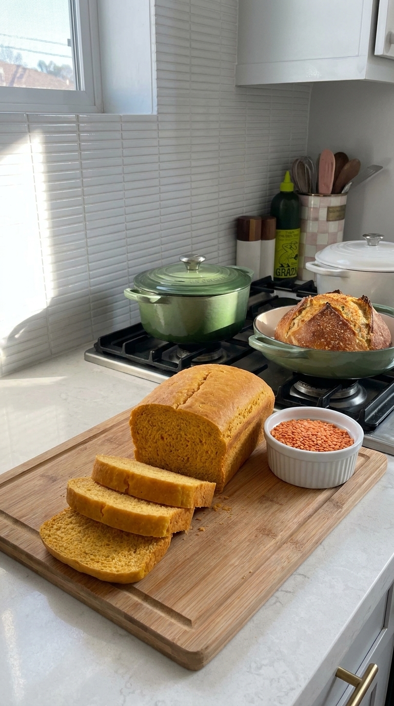Homemade 3-ingredient red lentil sandwich bread sliced into pieces, showing the tender, dense crumb of a flourless lentil loaf.