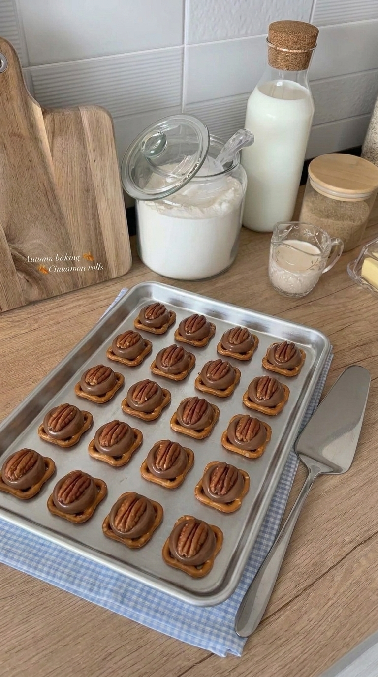 A silver baking sheet neatly lined with Rolo pretzel turtle bites featuring square pretzels, melted chocolate caramel candies, and pecan halves, resting on a kitchen counter.