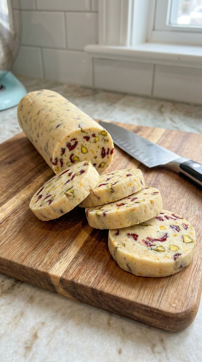 : Slicing chilled cranberry orange pistachio shortbread dough into round cookies before baking.