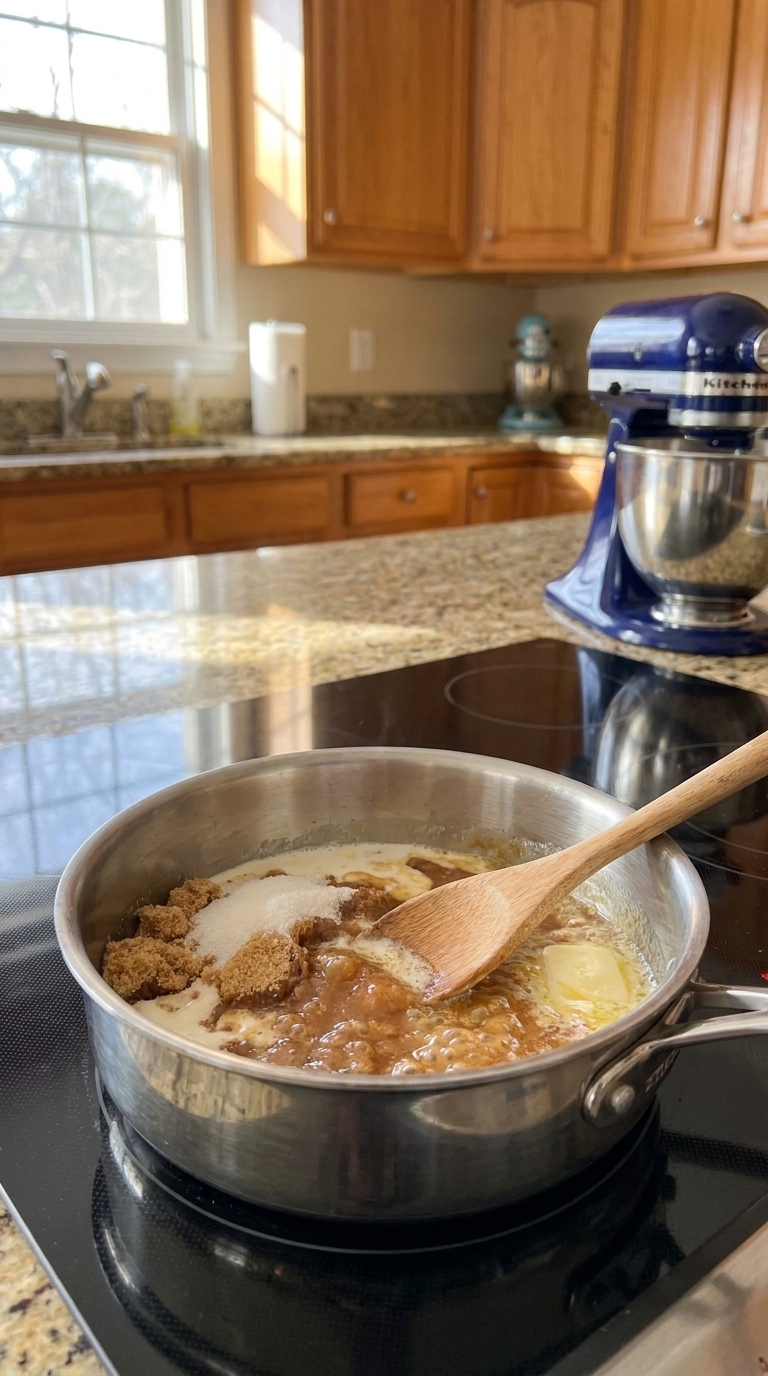 Brown sugar, butter, and heavy cream melting together in a saucepan to make homemade Southern pralines.