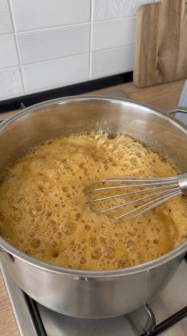 Golden honeycomb candy mixture bubbling and foaming in a saucepan after adding baking soda.
