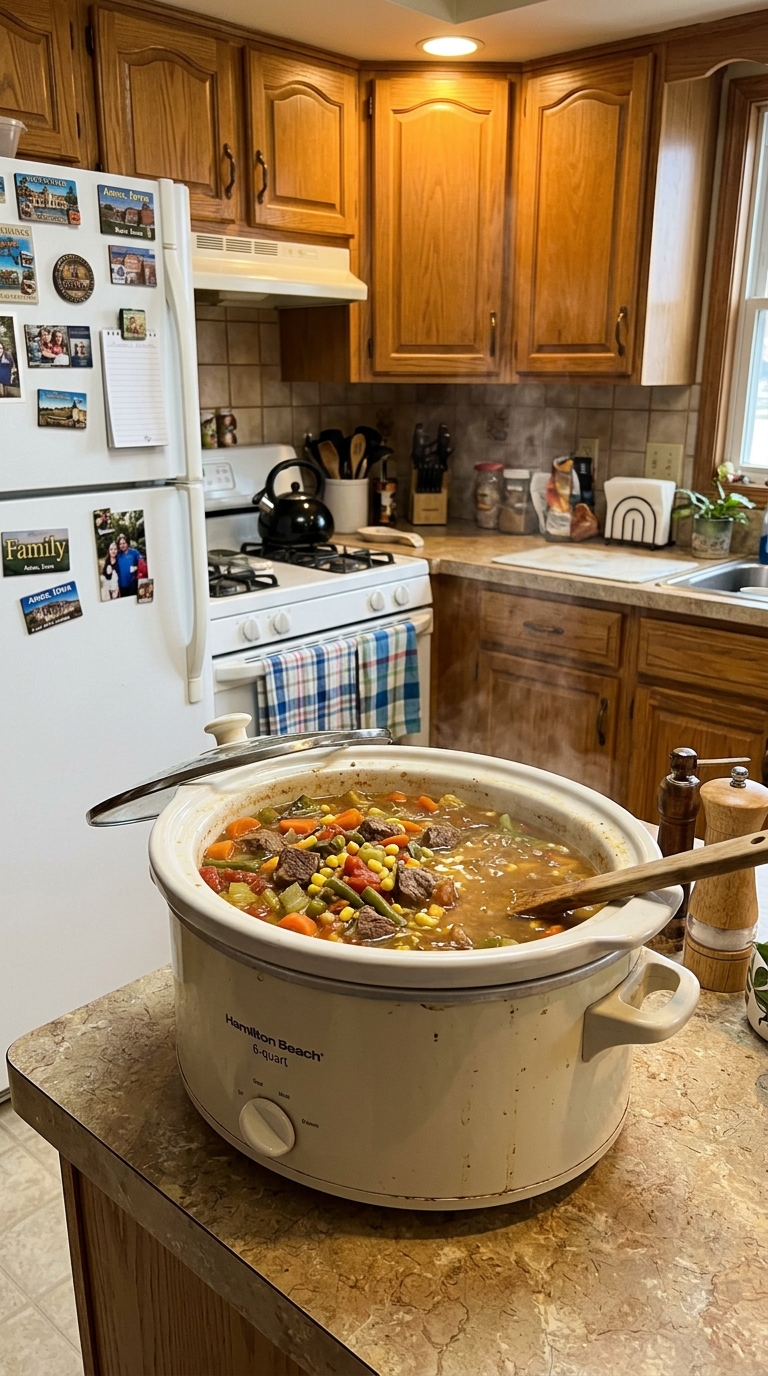 Homemade vegetable beef soup with tender beef, carrots, potatoes, corn, and green beans in a white slow cooker on a cozy kitchen countertop.